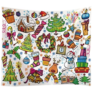 Detail of festive Christmas tapestry featuring hand-drawn colorful holiday elements on white fabric