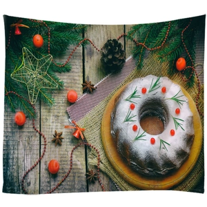 Christmas tapestry featuring a festive holiday cake on a dark wood background with pine branches