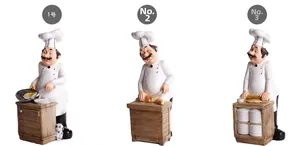 Three mini resin chef figurines showing cooking, slicing bread, and plating food details