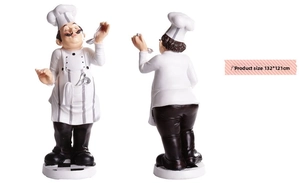 Front and back view of a 32x12cm resin chef figurine decoration for restaurant desktop
