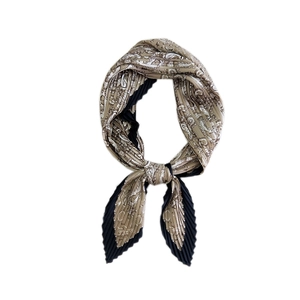 Pleated square scarf with beige and black paisley print in lightweight chiffon fabric