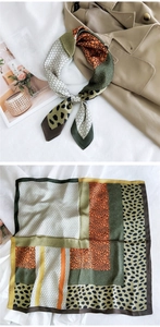 Detail of silk square scarf with leopard print and orange-green patchwork design