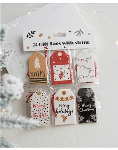 Close-up of 24pcs Christmas gift tags with red twine featuring trees and gingerbread men