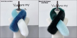Detailed view of plush color-block faux fox fur scarves with cross-loop fastening