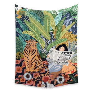 Bohemian tapestry featuring a colorful tiger and newspaper illustration in jungle style