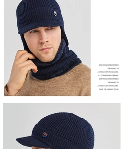 Navy blue winter knitted hat and neck warmer set with ear protection and soft fleece lining