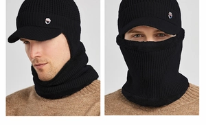 Winter knit visor beanie with integrated neck warmer and soft fleece lining in black color
