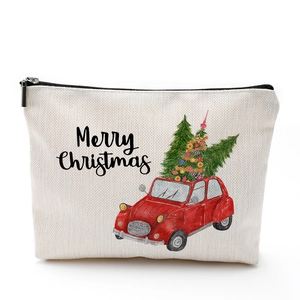 Waterproof cotton linen Christmas makeup bag with red vintage car and festive tree design