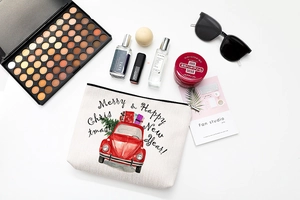 Christmas cotton linen makeup bag with vintage red car and tree pattern for travel