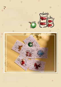 Close-up of 6 hand-drawn 3D Christmas cards with candle, snowflake and bell motifs