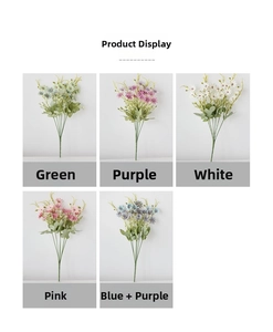 Detail of assorted silk daisy bouquets in green, purple, white, and pink for home decor