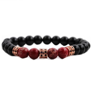 Tiger eye and matte black agate beaded bracelet with rose gold zircon spacers