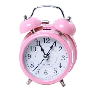 Classic pink metal twin bell alarm clock with white dial and quartz movement