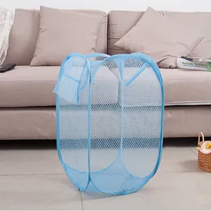 Blue foldable mesh laundry basket with side pocket and lightweight breathable nylon mesh