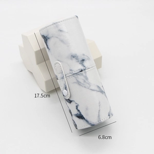 White marble pattern PU leather makeup brush holder cylinder with dimensions 17.5x6.8 cm