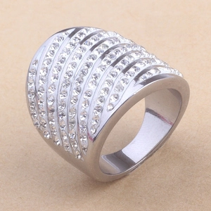 Detailed close-up of wide multi-row rhinestone ring band with 304 stainless steel finish