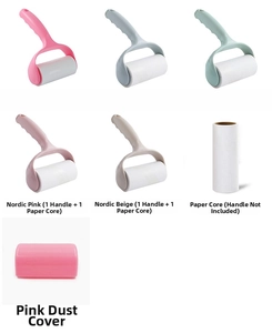 Detail view of colorful lint roller sets and replacement refills for clothes cleaning