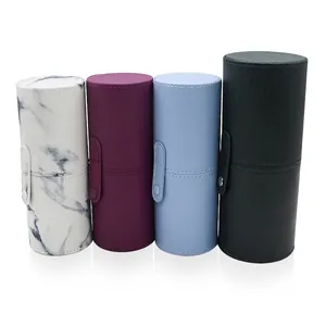 Marble and solid color PU leather cylinder cosmetic brush storage holders with snap buttons