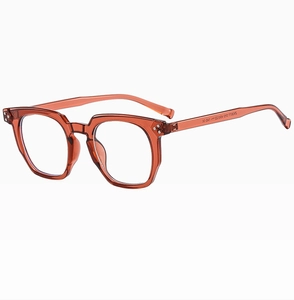 Detail view of translucent tortoiseshell glasses frame with classic silver rivet studs