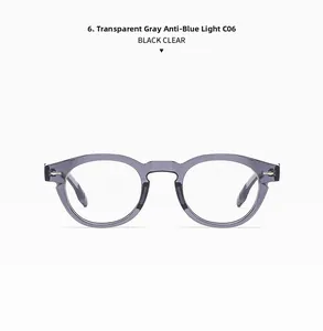 Close-up of transparent grey round sunglasses frame with anti-blue light lenses