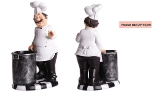 Front and back view of resin chef ornament with storage cylinder, dimensions 23x14 cm