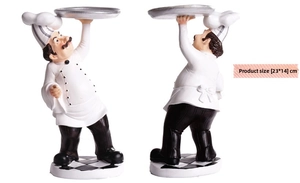 Front and back detail of a resin chef figurine holding a tray, size 23x14cm