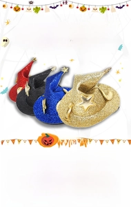 Detalle de los mini clips para el pelo con sombrero de bruja de Halloween en dorado, azul y rojo