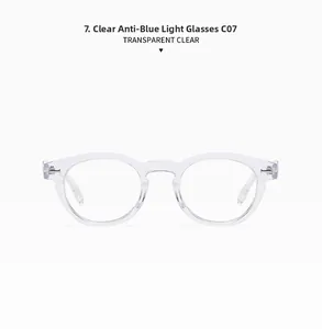 Detailed view of transparent round glasses frames with anti-blue light filter lenses