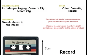 Detailed view of vintage cassette and record fridge magnet showing 3cm height measurement