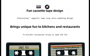Close-up of retro tape and record fridge magnets with vintage dance mix patterns