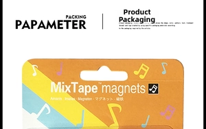 Detail of MixTape magnets packaging showing retro cassette designs and multi-language text