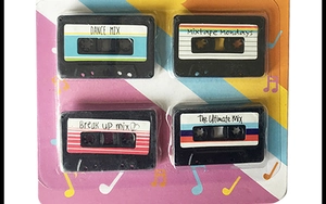 Set of four retro cassette tape magnets in transparent packaging with colorful background