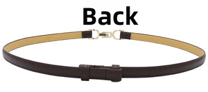 Detailed back view of a slim dark brown leather belt with a gold metal buckle