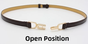 Detailed view of dark brown leather thin belt with gold hook buckle in open state