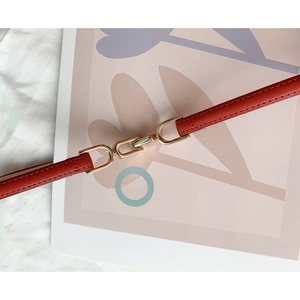Close-up of red leather waist belt featuring a polished gold metal interlocking buckle