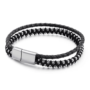 Men's double-layer black leather woven bracelet with silver stainless steel beads