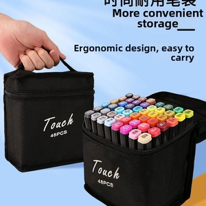 Detailed view of 48-color dual-tip art marker set in a black portable storage bag