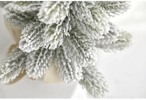 Macro shot of snow-flocked green needles on a mini Christmas tree with burlap base