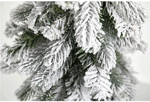Detailed close-up of realistic PE snow-flocked Christmas tree branches with white pine needles
