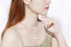 Elegant 18K gold plated double layer pearl necklace and matching earrings on a female model