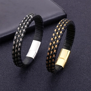 Braided black leather and steel wire men's bracelet with silver and gold magnetic clasps