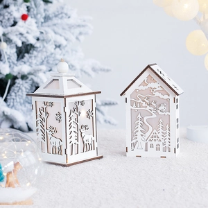 Christmas Wood Lantern LED Light House Ornament Hollowed Out Carving Santa Reindeer Snowflake Warm Glow Desktop Festive Decor