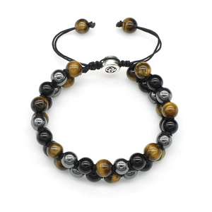 Double-layer woven bead bracelet with tiger eye stones and Om symbol charm