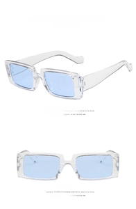 Detail view of transparent white rectangular sunglasses with blue lenses from two angles