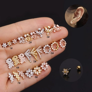 Zircon Cartilage Ear Studs Stainless Steel Piercing Jewelry Dinosaur Flower Butterfly Heart Fashion For Women