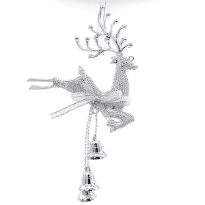 Silver Christmas reindeer ornament with glitter texture and three hanging bells decoration