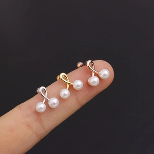 Surgical stainless steel double pearl stud earrings in silver, gold, and rose gold finish