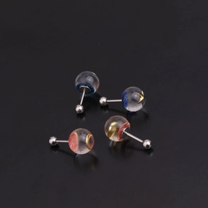 Stainless steel crystal earrings with star and moon glitter in blue and pink resin