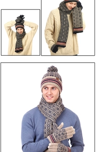 Detail of winter knitted set featuring geometric jacquard pattern on hat scarf and gloves