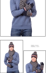 Close-up of navy blue winter knit set featuring snowflake patterns on hat and scarf